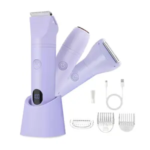 AMULISS 3-in-1 Bikini Trimmer for Women IPX7 Waterproof Electric Shaver Rechargeable Razor with LED Display Travel Kit & Painless Blades Purple
