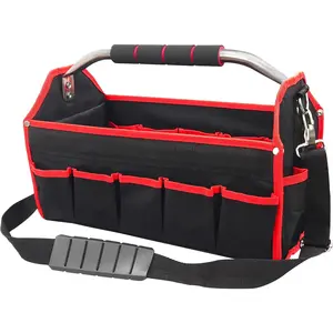 16 Inch Tool Bag, Foldable Open Top Tool Tote with Adjustable  Strap, 16 Pockets, Molded Base & Padded Handle, Portable Electrician Tool Organizer for DIY & Jobsite Use - TB0002