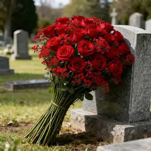 Artificial cemetery memorial flowers, very beautiful red roses baby's breath combination, suitable for durable plastic artificial flower arrangements for cemeteries, suitable for all seasons and holidays, very suitable for funerals, cemetery decorations