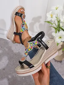 Women's Ethnic Style Wedge PU Leather Embellished Platform Sandals, Beaded Decoration, Bohemian Style, Elastic Strap, Easy on and Off, Summer Casual Shoes