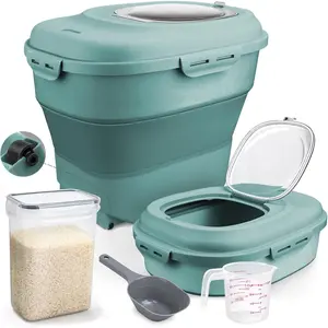 Rice Bin Cereal Containers, 13-50lb Collapsible Rice Container Dispenser with Transparent Lid, Rolling Wheels, Measuring Cup and Scoop, Airtight Dog Cat Pet Container Green