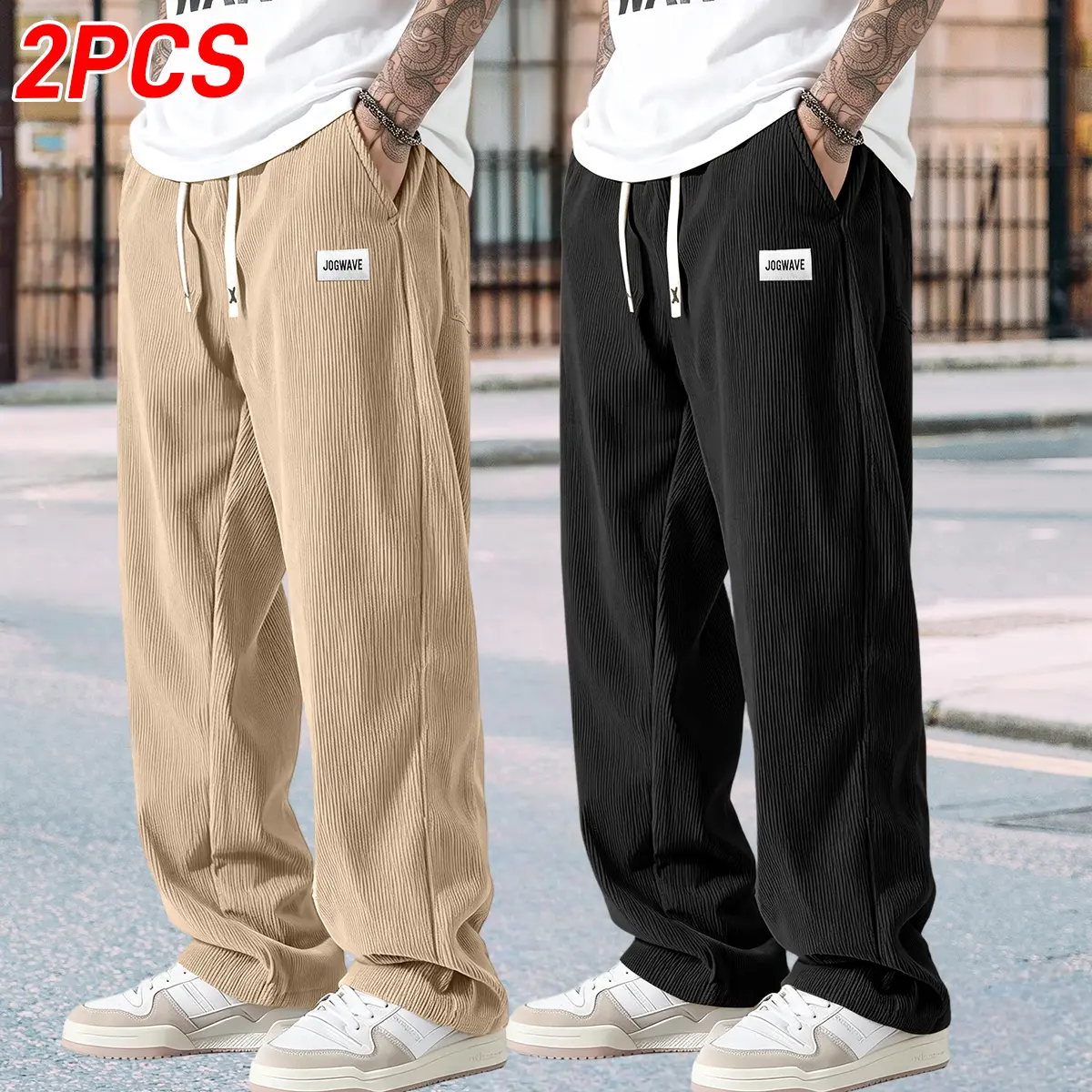 Men's Casual Trousers - 2-Piece Menswear Polyester Plain Mid-Waist Casual Basic Regular Leg Pants, Tie Detail, Refined Compact Details, Premium Feel, Loose Fit for Relaxed Comfort