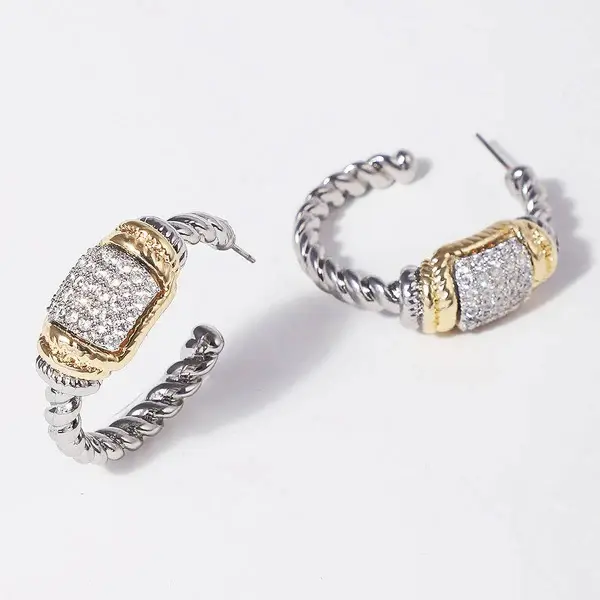 Bar Twisted Hoop 14K Plated Post Earrings Two-Toned Gold Tone Outline 1.25" Drop Length Luxurious Everyday Wear