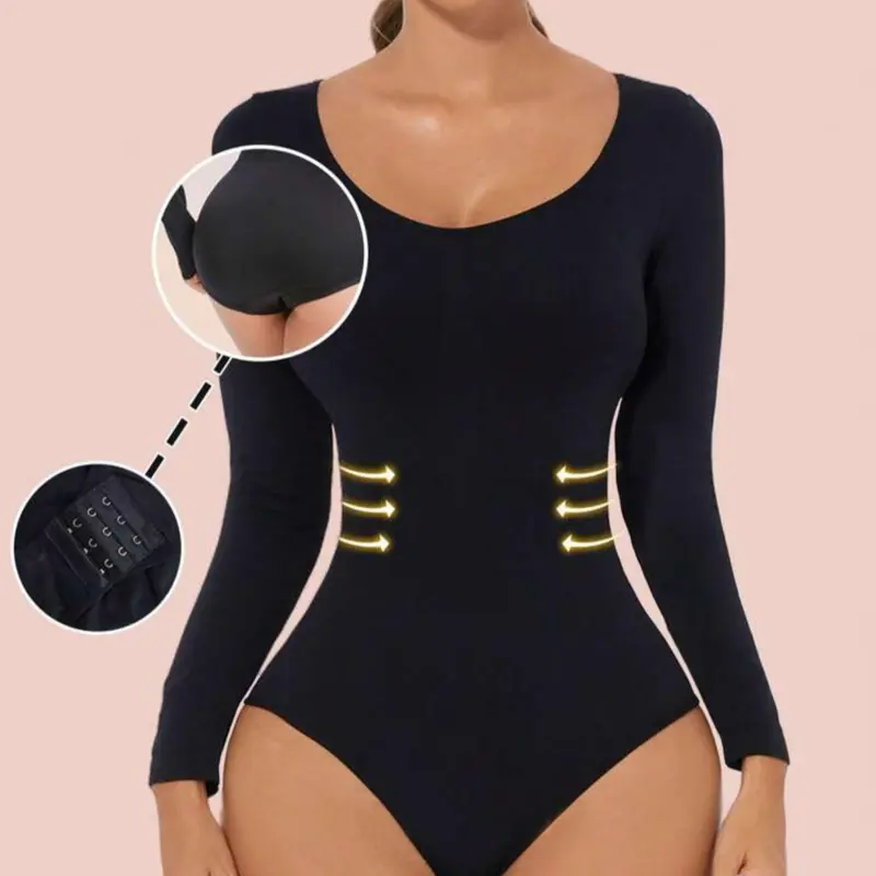 Bodys Moldeador Negro para Mujer con Control de Abdomen y Levantamiento de Glúteos sin Costuras de Manga Larga para un Look Elegante y Contorno Perfecto