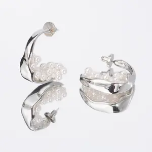 Naomi Pearl Cluster Silver Molten Hoop Statement Earrings - Handmade Rhodium Plated Brass with Mini Lustrous Shell Pearls, 3.8cm Hoop Diameter