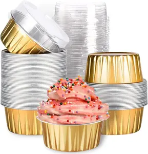 40 gold disposable lidded baking jars, 5 oz mini foil baking cups, caramel pudding cupcake liners, perfect for party desserts, cheesecakes, crème brûlée, and more.