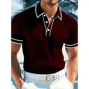 Men's Striped Knit Short Sleeve Shirt, Button Collar Design, Breathable Elastic Fabric, Summer Casual Daily WearGift