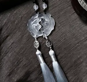 Natural Agate Double Fish Pendant, Yin Yang Peace Buckle Necklace, Chinese Style Spiritual Jewelry for Women Vintage Chinese Koi Fish Car Pendant, Hand Carved Jade Pendant