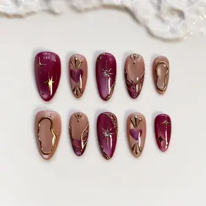 Mulberry Press on nails short almond nails/Red Cat Eye Nails/Star Nails/Red nails/3D Gold Chrome nail/Burgundy Nails/Gothic Nails/Heart Nail