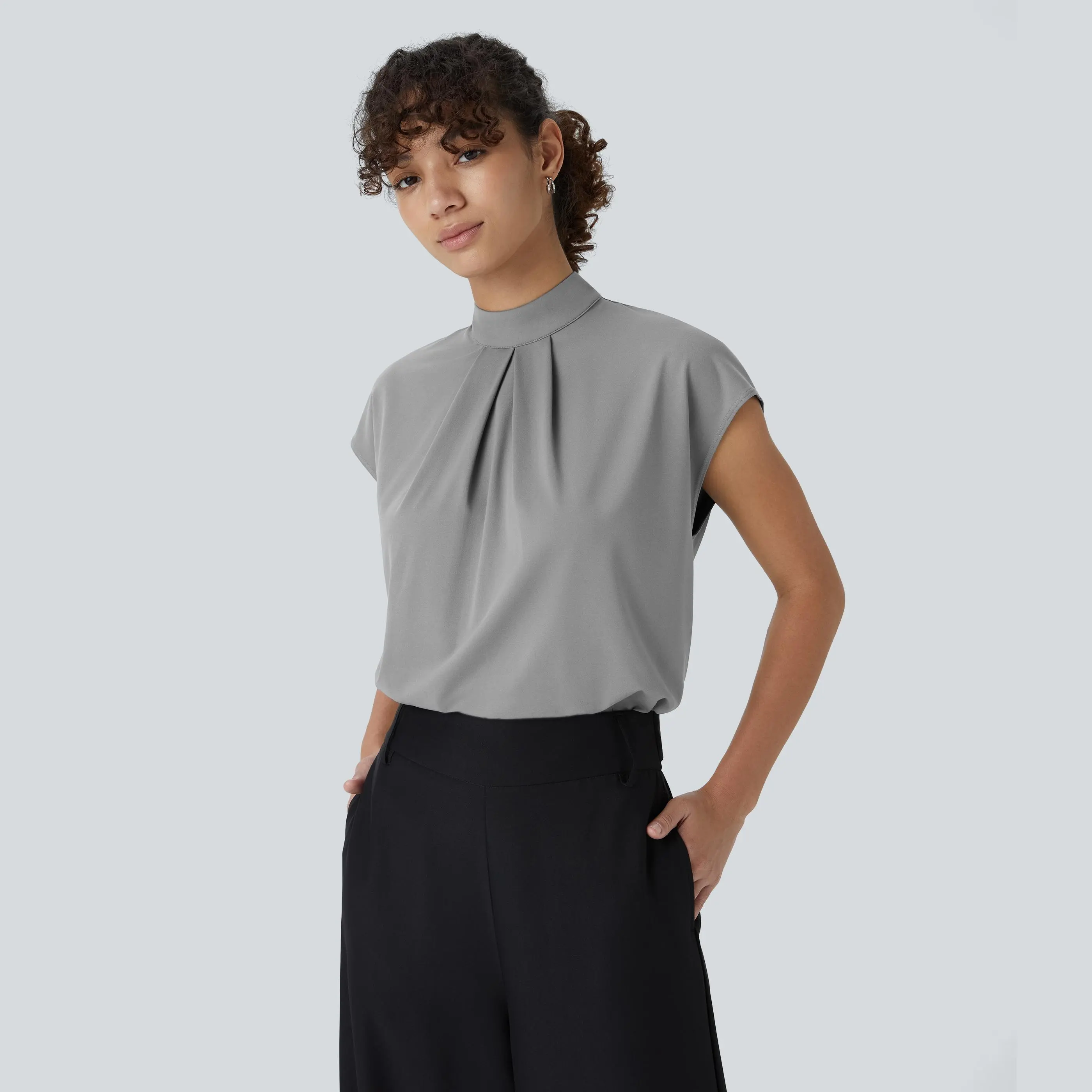 Halara Stand Collar Button Back Cap Sleeve Work Blouse
