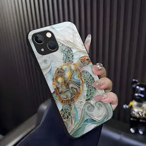 Mosaic Sea Turtle Adorable Glass Phone Case for [iPhone 15]  Aesthetic Ocean Wave Shell Texture Hard Cover Girly & Chic Style 952