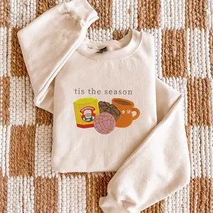 Pink Concha Embroidered Sweater for Women - Pullover, Crewneck, Soft, Oversized Fit, 50/50 Blend, Super Soft, Cozy, Casual Style, Long Sleeve, Versatile, Embroidered Design, Festive Aesthetic, Fitted, Ideal for Holidays