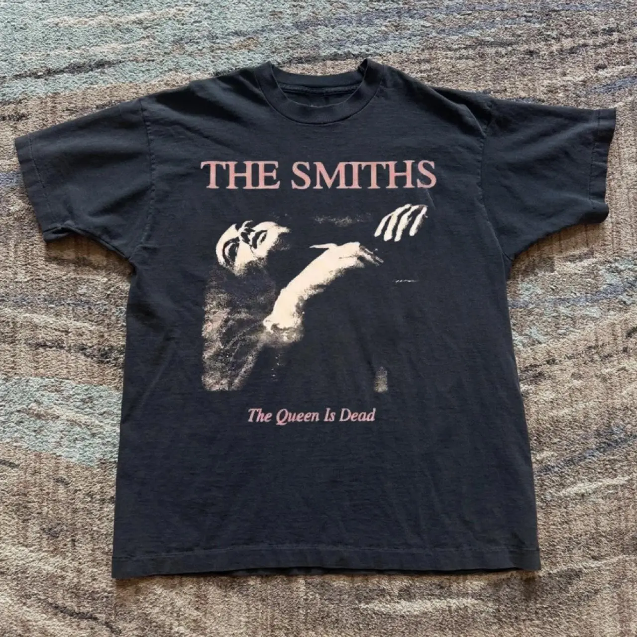 The Smiths Queen Is Dead black cotton t-shirt with white graphic of a person with a hand raised T-shirt Cotton Fabric Top