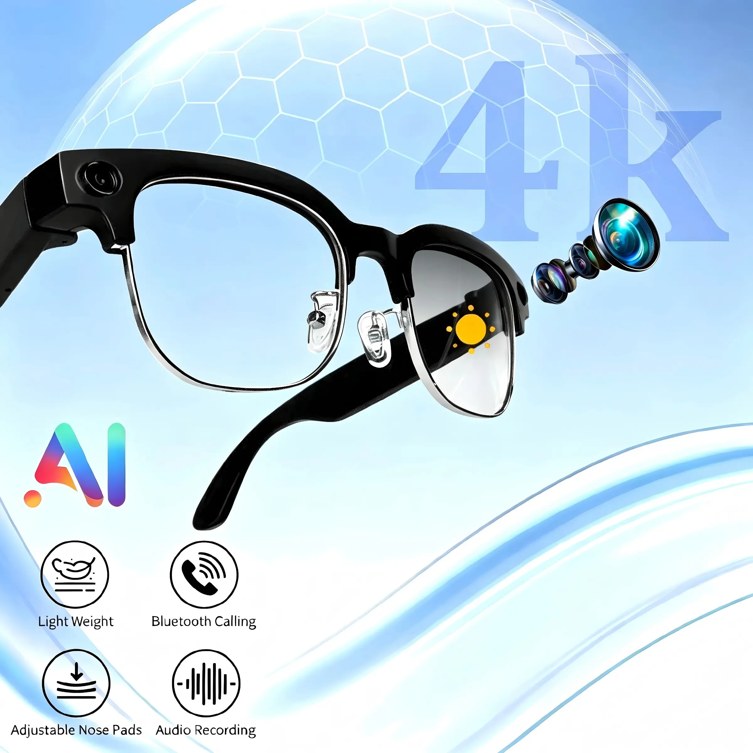 Photochromic Smart Glasses with 8MP Camera, 1080P Video Recording Glasses, ChatGPT Voice Assistant, Built in Call Microphone,Touch Control for Travel/Meetings/Vlog