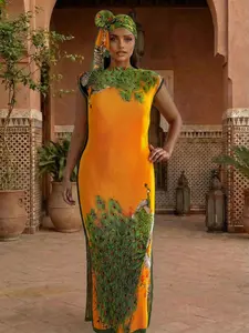 Women's Casual Slim Fit Long Dress Set, All-Over Printed Moo-Moo Style, Beach & Sun Protection Scarf, Fall/winter Fashion