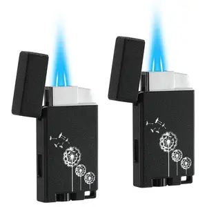 2 Pack Double Jet Flame Torch Lighter, Adjustable and Refillable Butane Lighter with Keyhole, Windproof Gas Lighter, Sold without Gas.