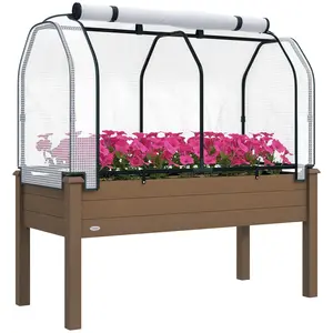 Outsunny Raised Garden Bed with PE Greenhouse Cover Outdoor Elevated Wood Planter Box for Herbs and Vegetables, Use for Patio, Backyard, Balcony
