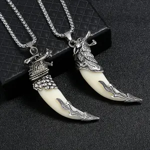 Fashionable Silver Wolf Head Natural Stone Wolf Tooth Pendant Dragon Head Necklace Men\'s Rock and Roll Motorcycle Party Fashion Jewelry