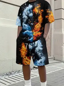 Men's 3D Digital Print Two-Piece Set, Ice and Fire Samurai Print Short-Sleeve Set, Trendy Casual Two-Piece, Beach Vacation Style Fashion Outfit, Lightweight and Breathable Sporty Casual Style, Perfect Gift for Men on Festivals