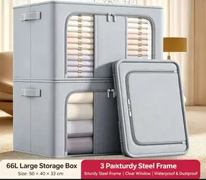 3-pcs Steel-frame Stackable Storage Boxes. Featured with clear viewing window and zippered lid, it offers large storage space. Equipped with reinforced zippers and sturdy handles, this compact organizer easily holds clothes and bedding.