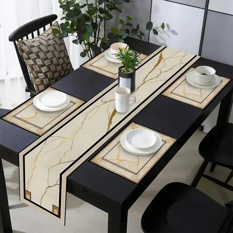 1/5/7 pieces of marble patterned gold Durable table flags, placemats, Table runner set, Rectangular Shape, table decorations for festivals, family celebrations, Table arrangement, suitable for indoor and outdoor use, daily table layout