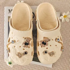 Y2K Aesthetic Platform Clogs with Cute Rhinestone Bear Charms & Chain | Non-Slip Thick Sole Garden Shoes, Lightweight Comfortable Beach Sandals for Women