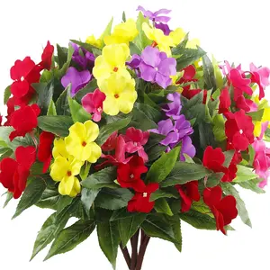 4 Pcs Artificial Impatiens Flowers for Outdoors Faux Impatiens Bushes Colorful Silk Flowers Greenery Artificial Impatiens Bouquet for Patio Lawn Garden Pot Hanging Basket Porch Decoration Artificial Flower Plant