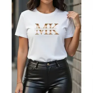 Gold MK Monogram Graphic Tee for Men Short Sleeve Crew Neck Cotton Blend Streetwear Top Casual Everyday Summer Outfit