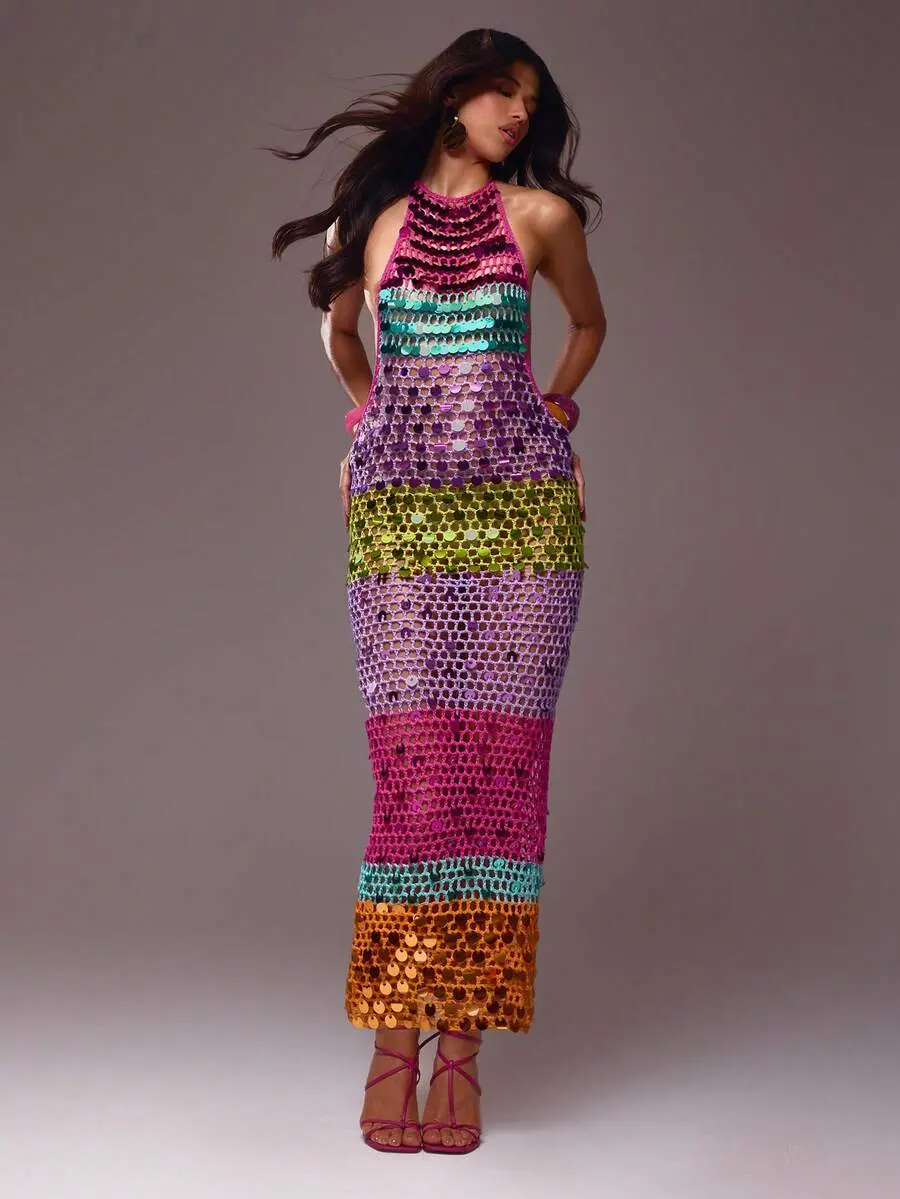 Multicolour Open Knit Crochet Sequin Halterneck Dress