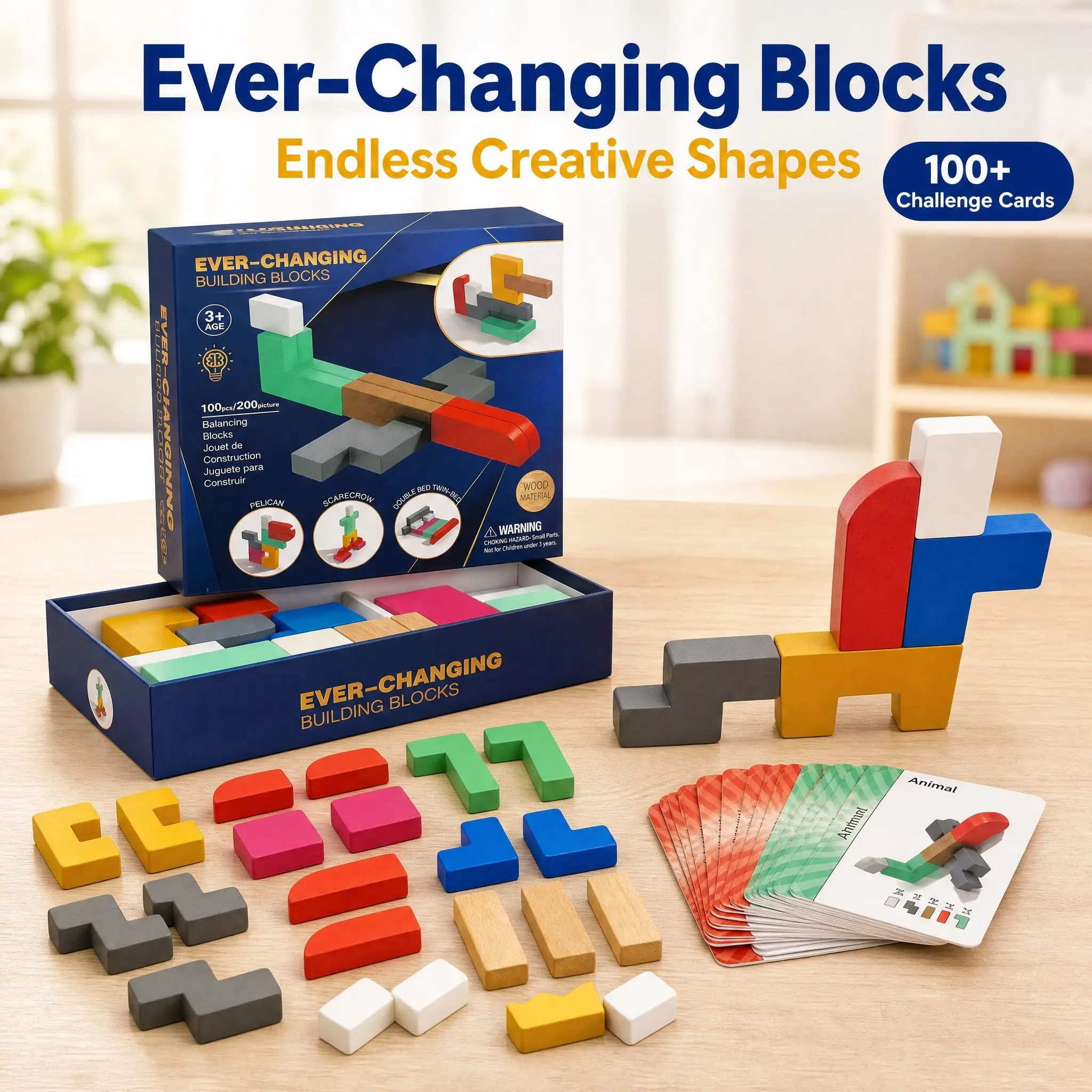 Wooden Pattern Blocks for Kids, Creative Shape Puzzle Building Toy, STEM Montessori Learning Activity, Preschool Educational Gift for Toddlers Ages 3 and Up