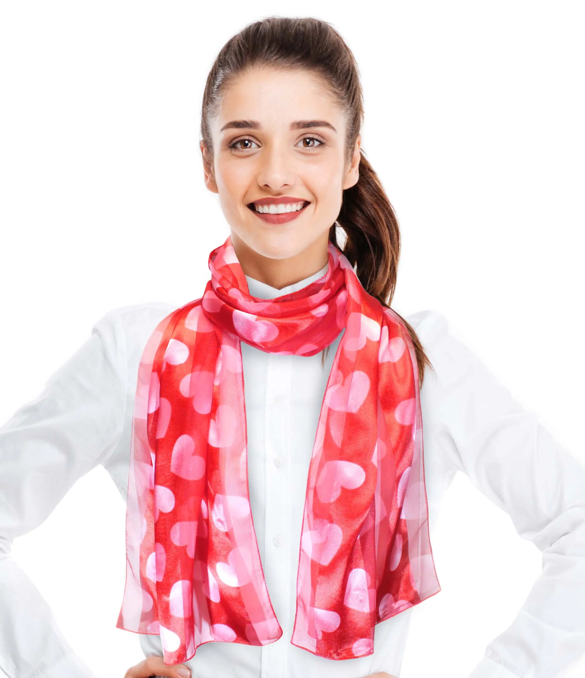 CBC Crown Women's Lightweight Heart Print Scarf, Red Silk-Feel Polyester Fashion Accessory for Valentine's Day, Rectangular Cut 13" x 60", Clothes, Casual, All Seasons, Everyday, Female, Hand Wash Only, Bubbly Hearts, Daily