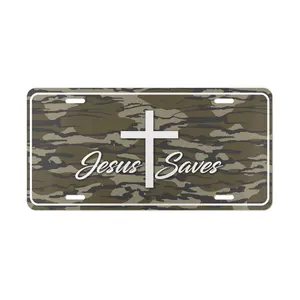 Jesus Saves License Plate, Camo Cross Car Tag, Faith Decor for Hunters, Military Christian Gift, Aluminum Sign, 12"x6", Pre-Drilled