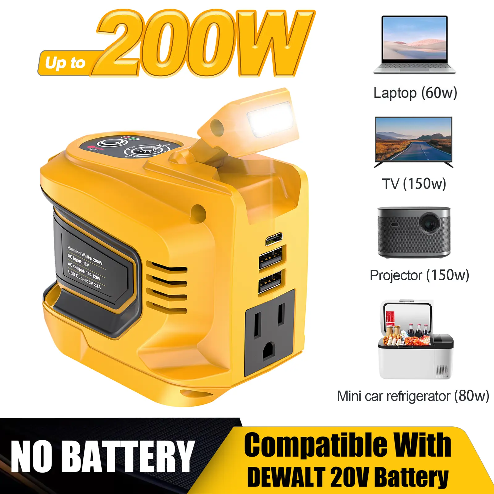 200W Power Inverter for Dewalt 20V Battery, Battery Not Included, DC 20V to AC 110-120V Battery Inverter, Portable Power Station Generator, Charger Ad