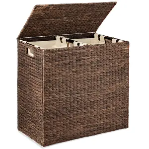 Best Choice Products Large Natural Water Hyacinth Double Laundry Hamper Basket w/ 2 Liner Bags, Handles