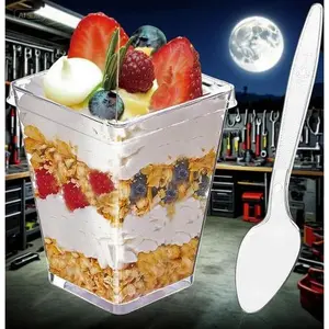 Reusable Square Clear Plastic Cups with Lids and Spoons, 50Pack 5oz Mini Dessert Serving Containers, Durable Parfait Appetizer Disposable Cups, Party Trifle Shooter Essentials, BPA-Free Tasting Shot Glasses
