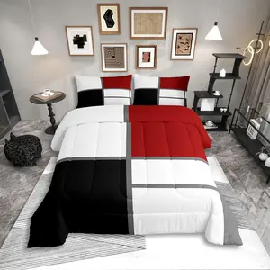 Geometric Abstract Bedding Set,for Adult Women Men Red and White Striped Comforter Set,Square Grid Quilt Duvet Set,Modern Art Patchwork Bedding Collections for Minimalist