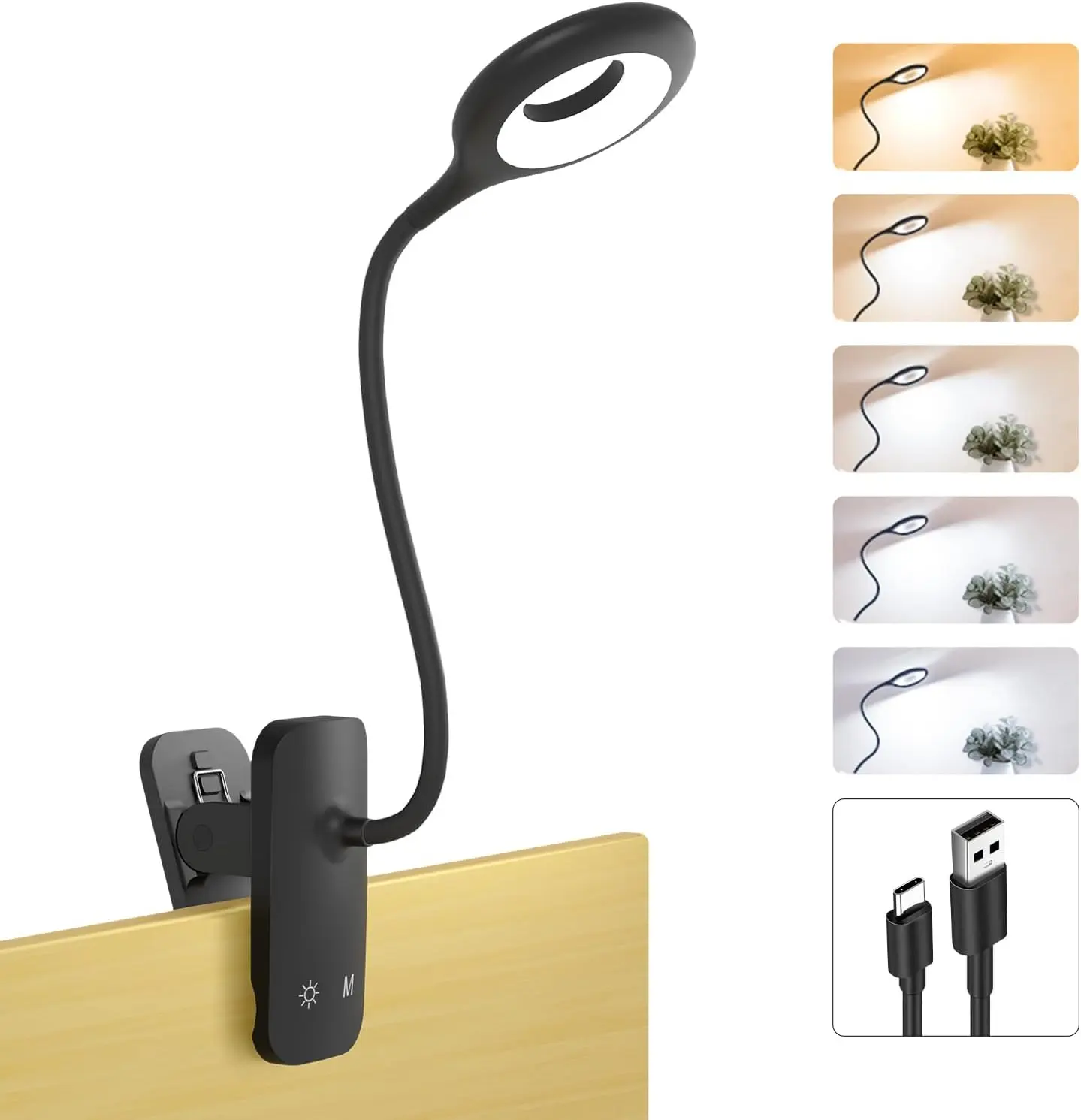Cordless LED Gooseneck Book Light with Large Silicone Pad Clamp - USB-C Rechargeable, 1800mAh Battery, 2.4in Crescent Shape, 5 Colors, 5 Brightness Levels, Flexible Arm, USB Cable Included, for Bunk Bed, Bookshelves, Kids' Desk (Black), Cordless Use