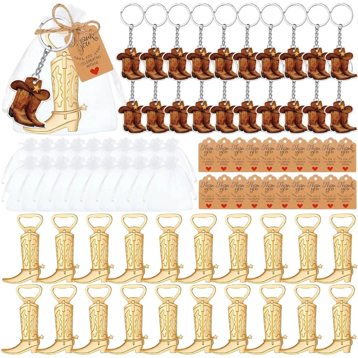 20sets Cowboy Boots Bottle Openers Set Includes Cowboy Beer Bottle Openers White Organza Bags keychain andThank You Tags for Favors and Jute Rope for Guest At Wedding Party baptism gift favors party