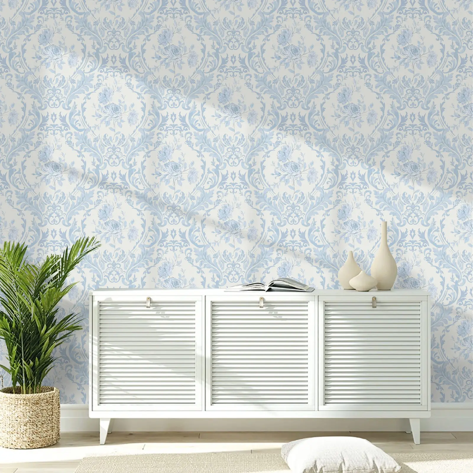 Light Blue Damask Floral Self-Adhesive Wallpaper, Removable Waterproof, French Country Rose Scroll, Ideal for Bedroom, Living Room, Bathroom
