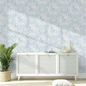 Light Blue Damask Floral Self-Adhesive Wallpaper, Removable Waterproof, French Country Rose Scroll, Ideal for Bedroom, Living Room, Bathroom