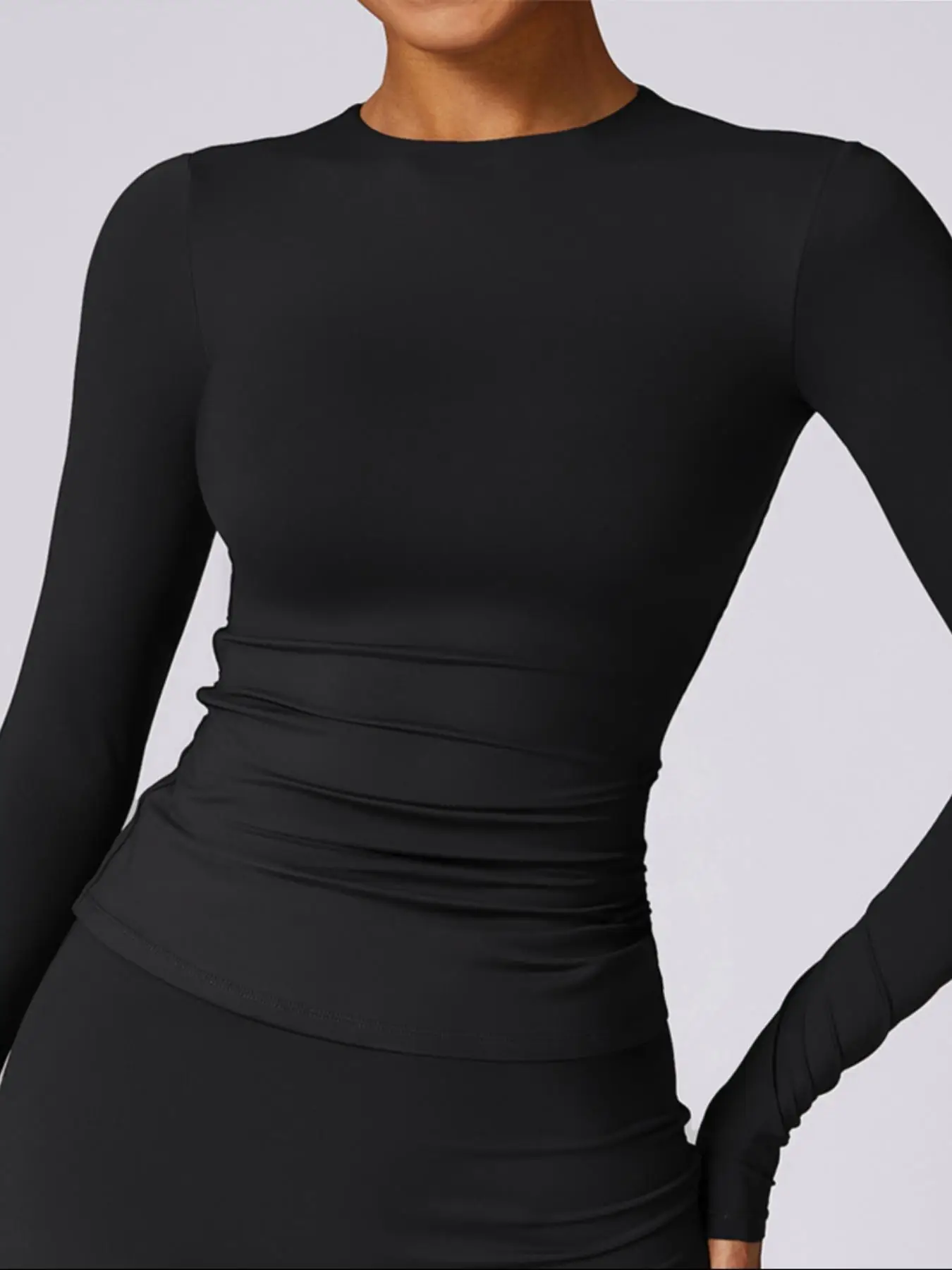 Women's Round Neck Skinny Sports Tee, Fall Outfits, Sports Long Sleeve Crew Neck Gym T-shirt, Ladies Fall Sportswear for Indoor Outdoor Wear, Black Gi