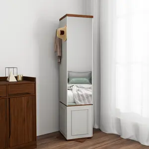 OPUL 360° Rotating Storage Cabinet with Full-Length Mirror, total of 8 open shelves on both sides, One Side Hooks, 1 Door with a Shelve, for Living Room, Entryway, Bathroom Organization, Small Apartments - Antique White