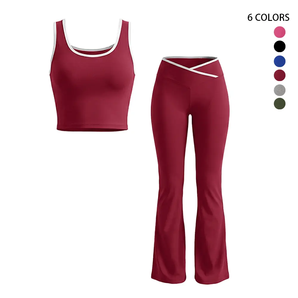 Women's Elastane All-Seasons Contrast Yoga Sports Set, U-Back Tracksuit & Cut-Out Backless Camisole & H-Back Design