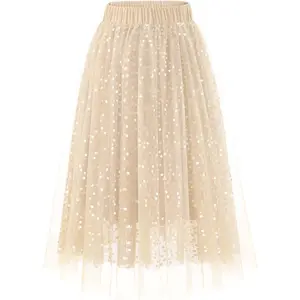 Sequin Tulle Midi Long Aline Skirts for Women Elastic High Waisted Wedding Party Skirt with Lining