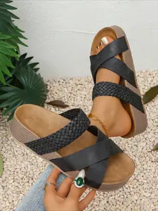 Women's Cross Strap Platform Slide Sandals, Woven Band Open Toe Wedge Slippers, Casual Summer Non-slip Beach Slides