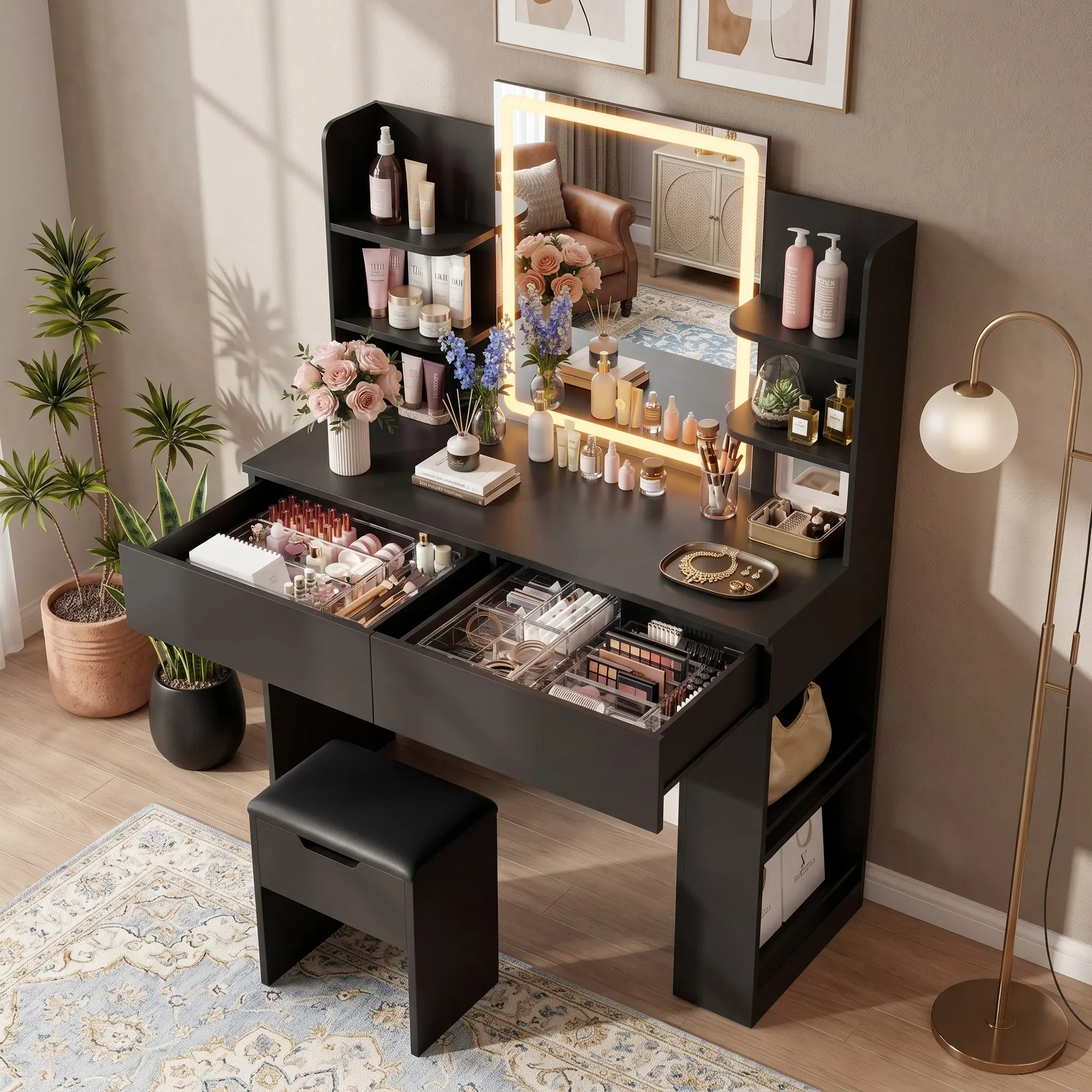 Retro Industrial High-Quality MDF Modern Makeup Vanity Desk, LED Mirror with 3 Lighting Colors & Adjustable Brightness, 2 Drawers, Side Storage for Vanity & Makeup Organization, Stylish Bedroom Indoor Furniture Dressing Table