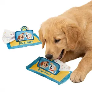 Blue House Interactive Snuffle Dog Toy Milk Fleece Tissue Box Design 90cm Pull-out Fabric Dual Squeakers Washable Enrichment Puzzle Toy for All Breeds