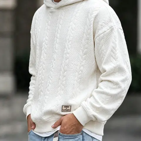 Men's Solid Color Long-Sleeve Hooded Knit Pullover - Fitted Slim Fit Casual Thick Polyester Fleece Sweatshirt, Soft Fabric, Outdoor Top, S Size