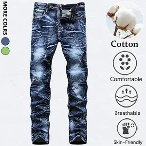 Men's Wrinkled Effect Ripped Jeans | Slim Fit Stretch Denim Pants | Vintage Blue Distressed Trousers for Streetwear & Daily Outfits