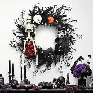 PMMJ 20 Inch Black Halloween Hanging Wreath with Skeleton, Skulls & Eucalyptus Leaves - Durable Plastic Gothic Wall Decor for Front Door, Porch, Window - Indoor/Outdoor Spooky Holiday Decoration, Halloween Decorations